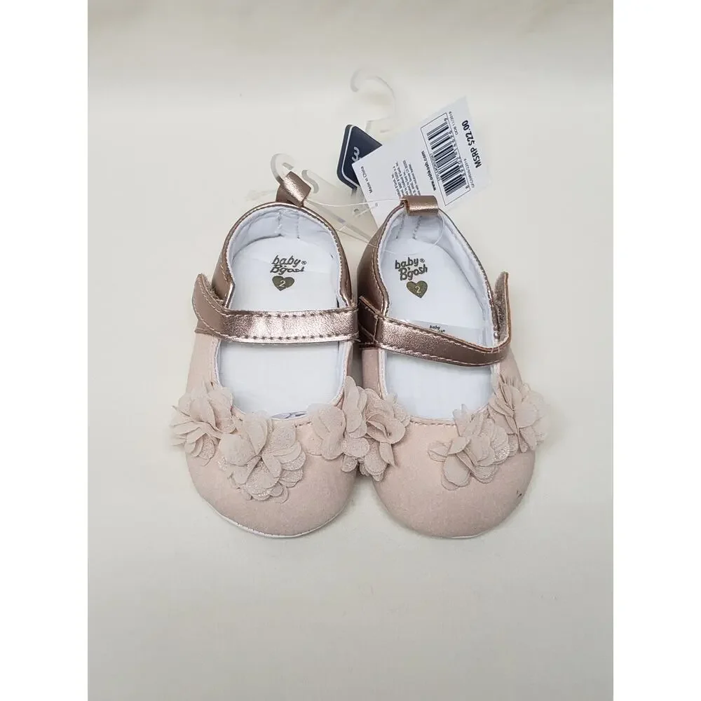 Baby Bgosh Flower Ballerina Style Velcro Slide on Shoes - Size 2 3-6 Months